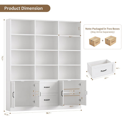 HOSTACK 71" Tall Triple Wide Bookshelf with Doors & Drawers, Modern Wood Bookcase for Storage, 6-Tier Large Bookcase with Display Shelves, Space-Saving Bookshelf for Living Room, Home Office, White