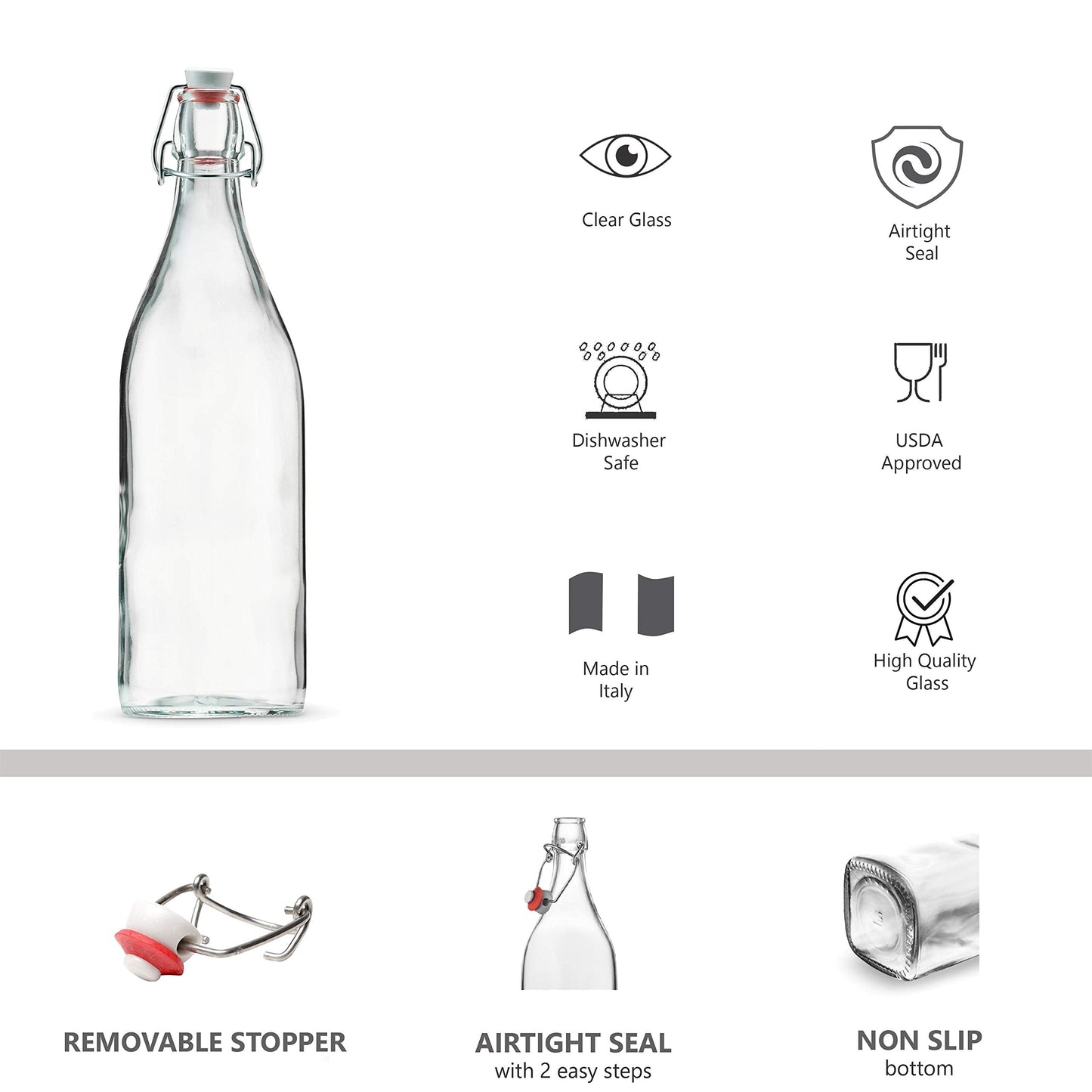 Clear SQUARE Swing Top Glass Bottles With Lids - 33.75 Oz - Airtight Flip Top Glass Water Bottles Great For Oil And Vinegar, Beverages, Juices, Smoothies - (2 Pack) (Not For Carbonated Beverages)