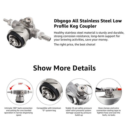 Dbgogo Low Profile Keg Coupler, 304 Stainless Steel D System Keg Coupler Space Saving Twist-Activated Homebrew Sankey Keg Tap with Safety Pressure Relief Valve and Connection Tape and Hose Clamp