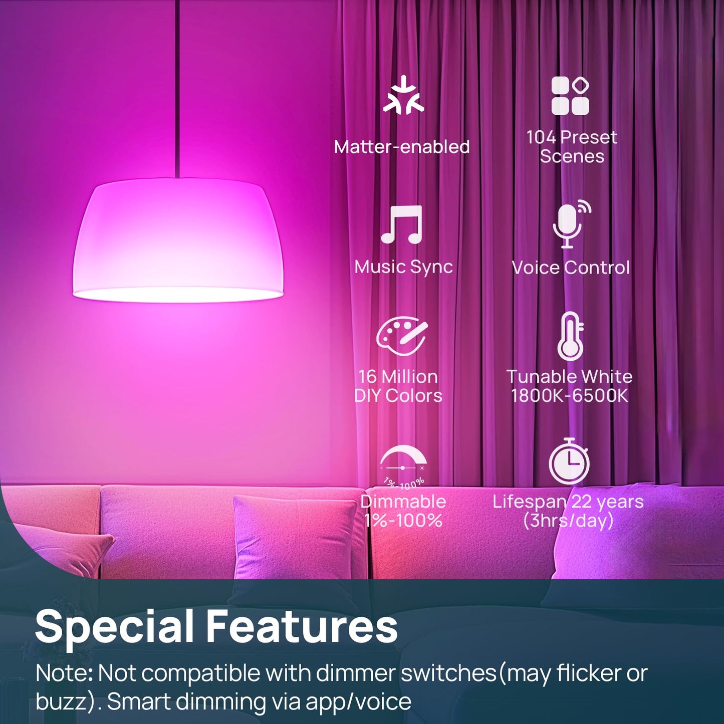 Linkind Matter Smart Light Bulb, WiFi Smart Bulbs, Work with Apple Home, Siri, Alexa, Google, SmartThings, RGBTW Color Changing Bulbs Mood Lighting, Music Sync, A19 E26 60W, 2.4Ghz WiFi 6 Pack