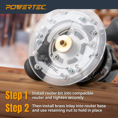 POWERTEC Router Brass Inlay Kit with Router Bushing Guide Set + Centering Pin, Collar & 1/8" Diameter x 1/4" Shank Solid Carbide Router Bit, Compatible w/ 1/4" Router Templates for Woodworking 71333E