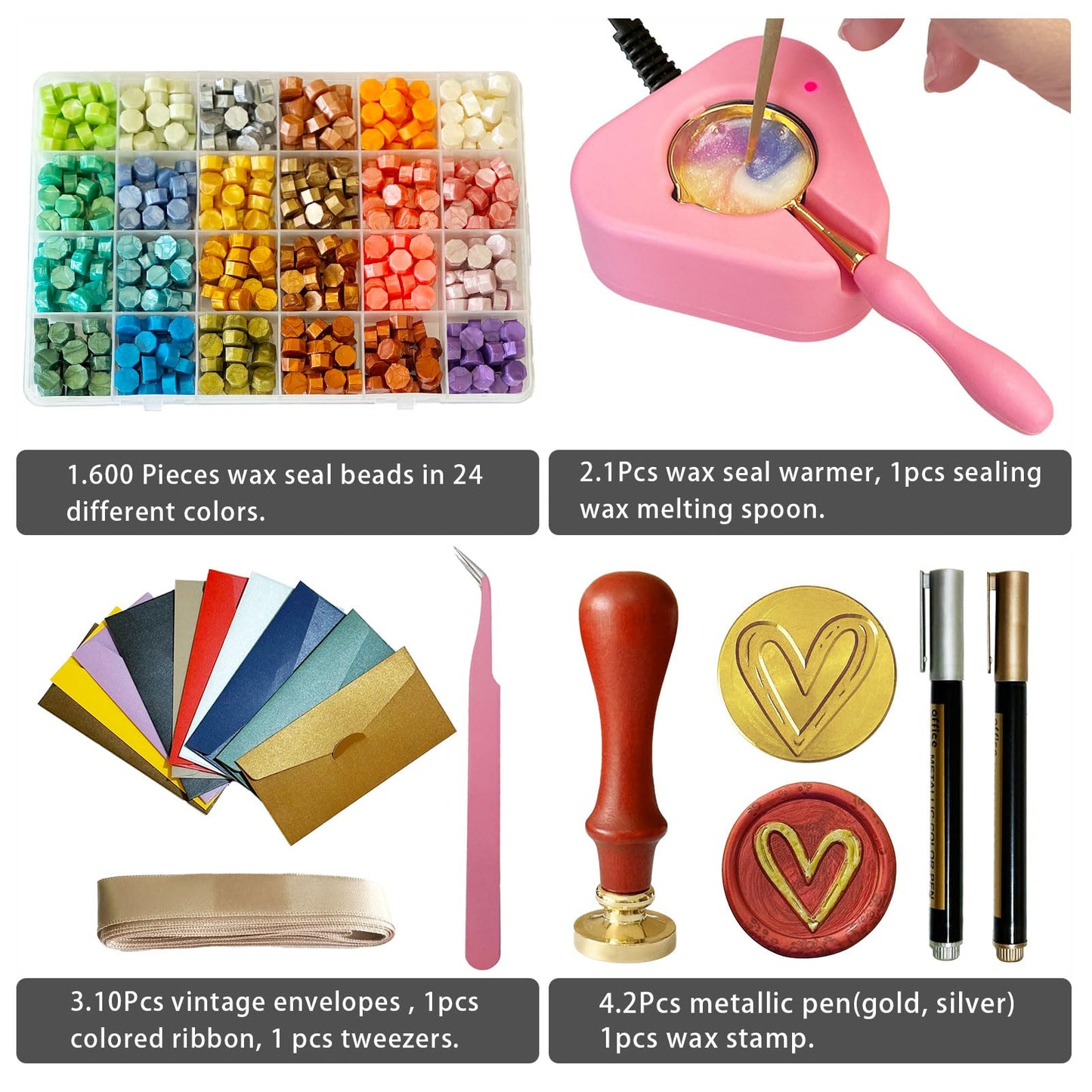 Electric Wax Seal Warmer Kit - Complete Set with Heart Stamp, 600 Wax Beads, 10 Envelopes & 2 Pens - Perfect for Wedding Invitations & DIY Letters (001Pink)