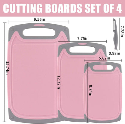 Plastic Chopping Board Set of 4 for Kitchen, Non-Slip Feet, Deep Drip Juice Groove, Dishwasher Safe (Pink/Gray)