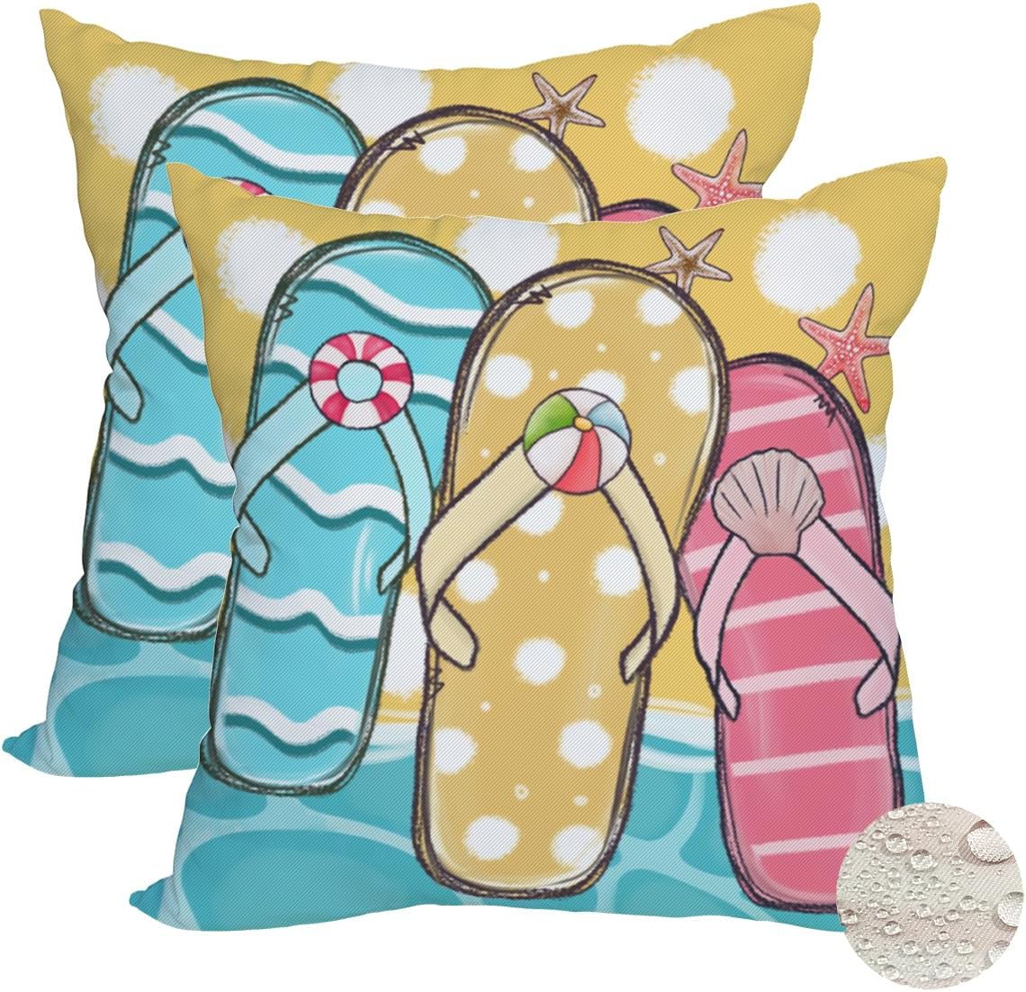2 Pack Waterproof Summer Throw Pillow Covers 24x24 Inch, Blue Ocean Sea Sand Flip Flops Tropical Beach Decor