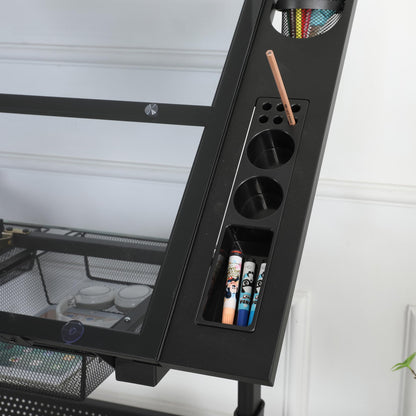 Hand Crank Adjustable Drafting Table Drawing Desk with 2 Metal Drawers (Black) with Stool