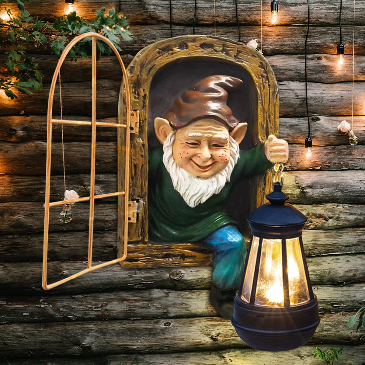 REYISO Garden Gnome Statue with Solar Lights Mom Dad Gifts Summer Decor Fairy Garden 10 in Elf Outdoor Tree Hugger Statues- Tree Face Sculpture, Yard Art for Patio,Fence,Lawn,Wall Gnomes Ornament