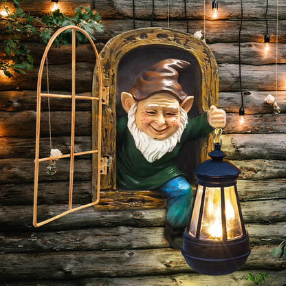 REYISO Garden Gnome Statue with Solar Lights Mom Dad Gifts Summer Decor Fairy Garden 10 in Elf Outdoor Tree Hugger Statues- Tree Face Sculpture, Yard Art for Patio,Fence,Lawn,Wall Gnomes Ornament