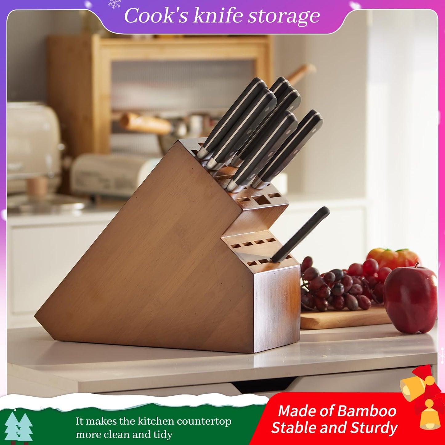 Kitsanery Knife Block Countertop Butcher's Knife Rack and Organizer 20 Slot Knife Holder Large Bamboo Knives Rack (Knife Not Included), Universal Knife Rack Strap