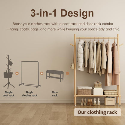 Muwuele Solid Wood Clothing Rack - Portable Rolling Garment Rack with Shelves | 350 Lbs Capacity, Natural Finish