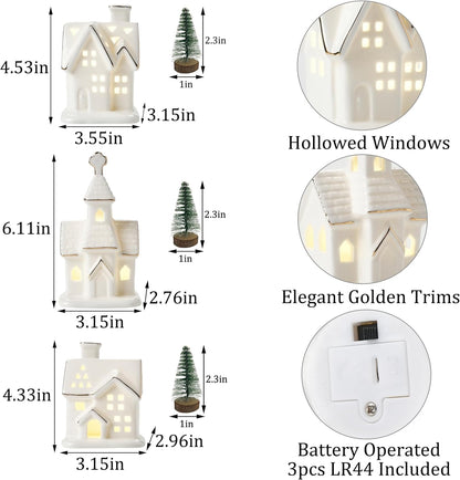 White Christmas Village Houses - 3Pcs Glazed Ceramic Houses with Trees | Light Up Xmas Decor Set