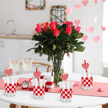 JarThenaAMCS 50Pcs Valentine's Day Plastic Cups with Lids Straws Drinking Cup 12oz Pink Red Checkered Heart Disposable Cups for Wedding Anniversary Valentine Party