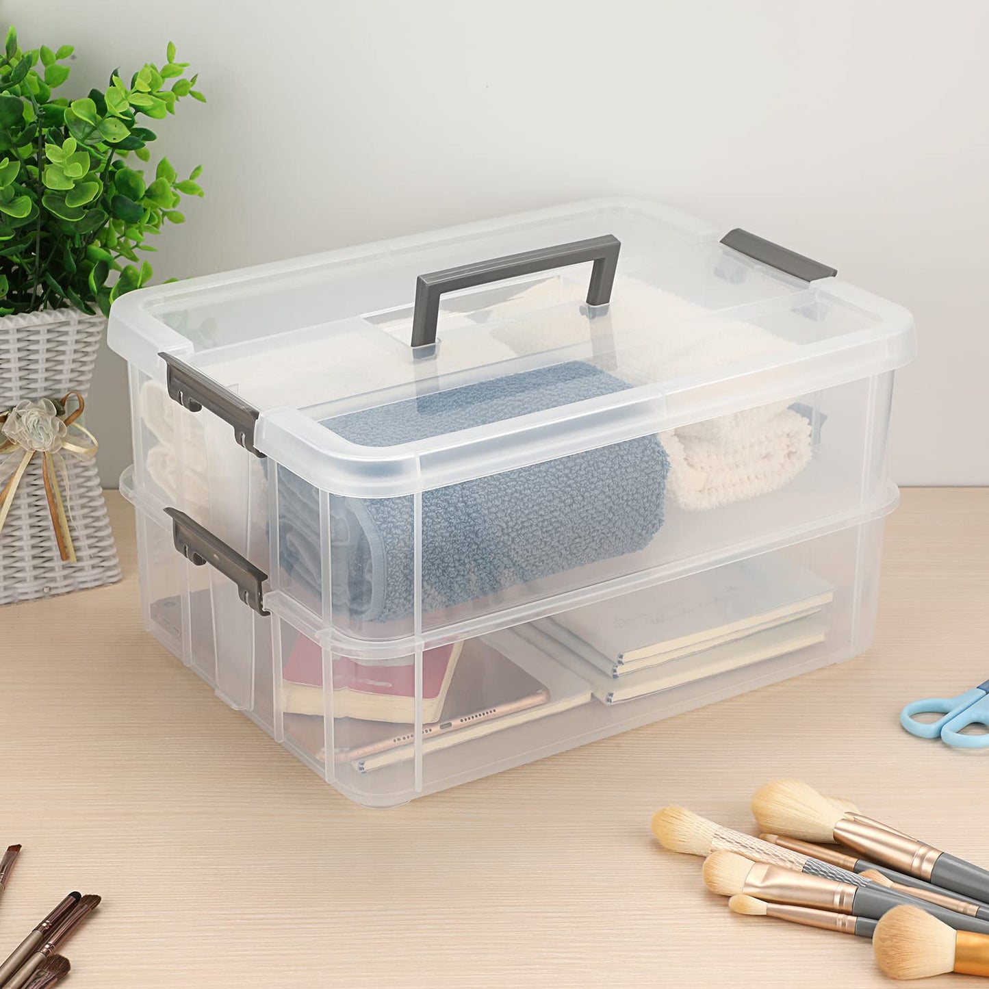 JUXYES 2-Tiers Stack Carry Storage Box With Handle, Transparent Stackable Storage Bin With Handle Lid Latching Storage Container for School & Office Supplies