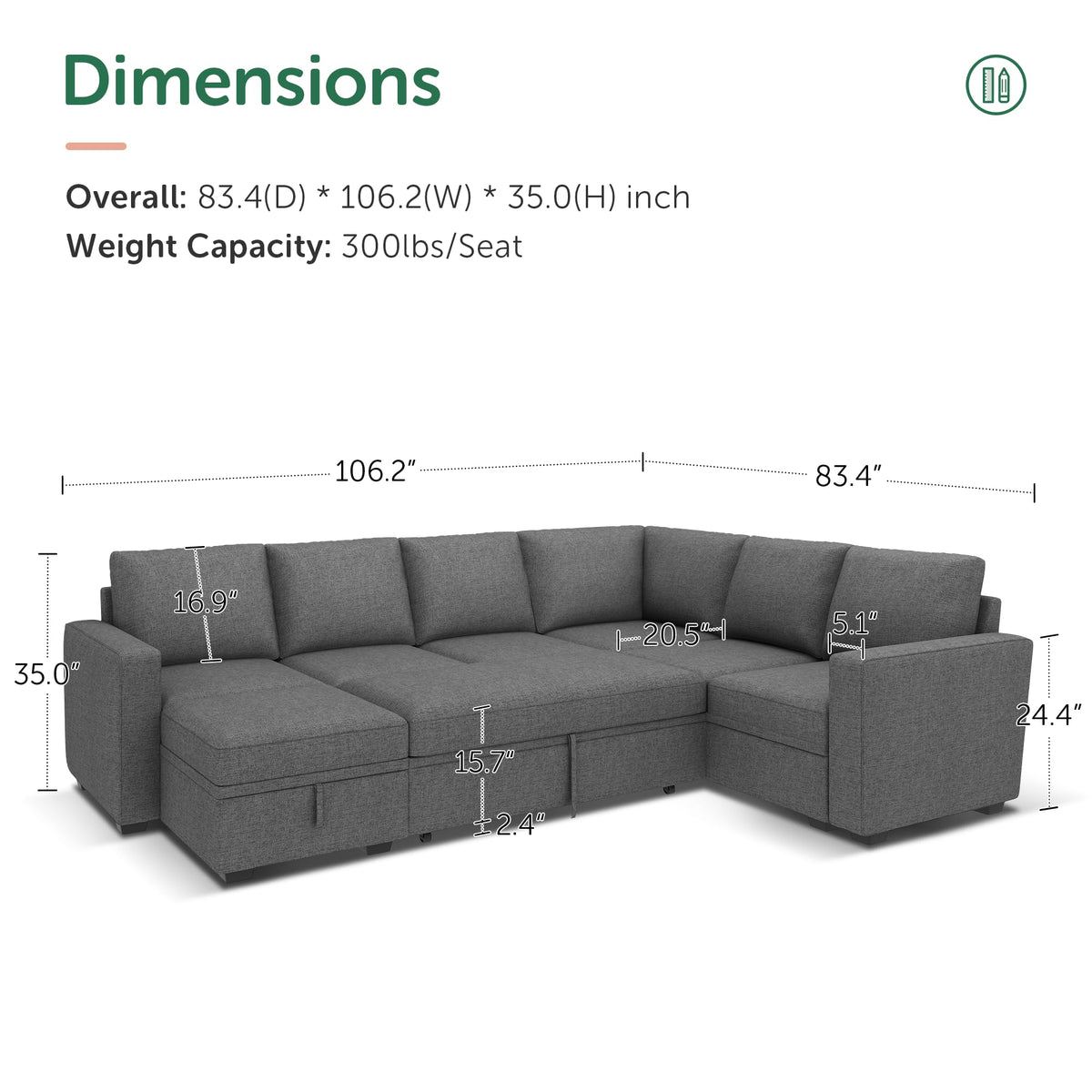 HONBAY Sectional Sleeper Sofa with Pull Out Bed, U Shaped Couch with Storage, Modular Sectional Couches for Living Room, Dark Grey