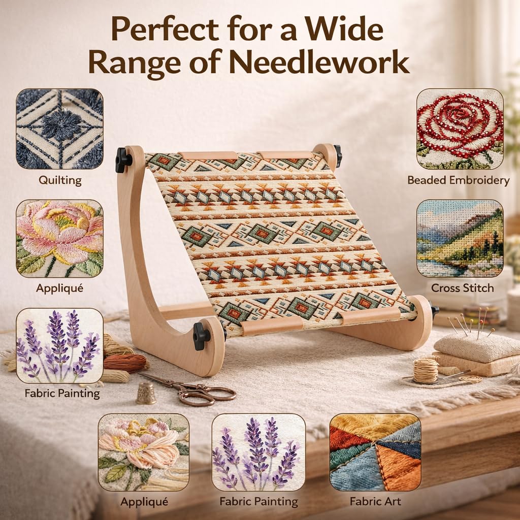 Embroidery Table Stand for Lap or Tabletop, Hands-Free Wooden Needlepoint Holder with 2 Pole Sets for Cross Stitch, Sewing and Needlework