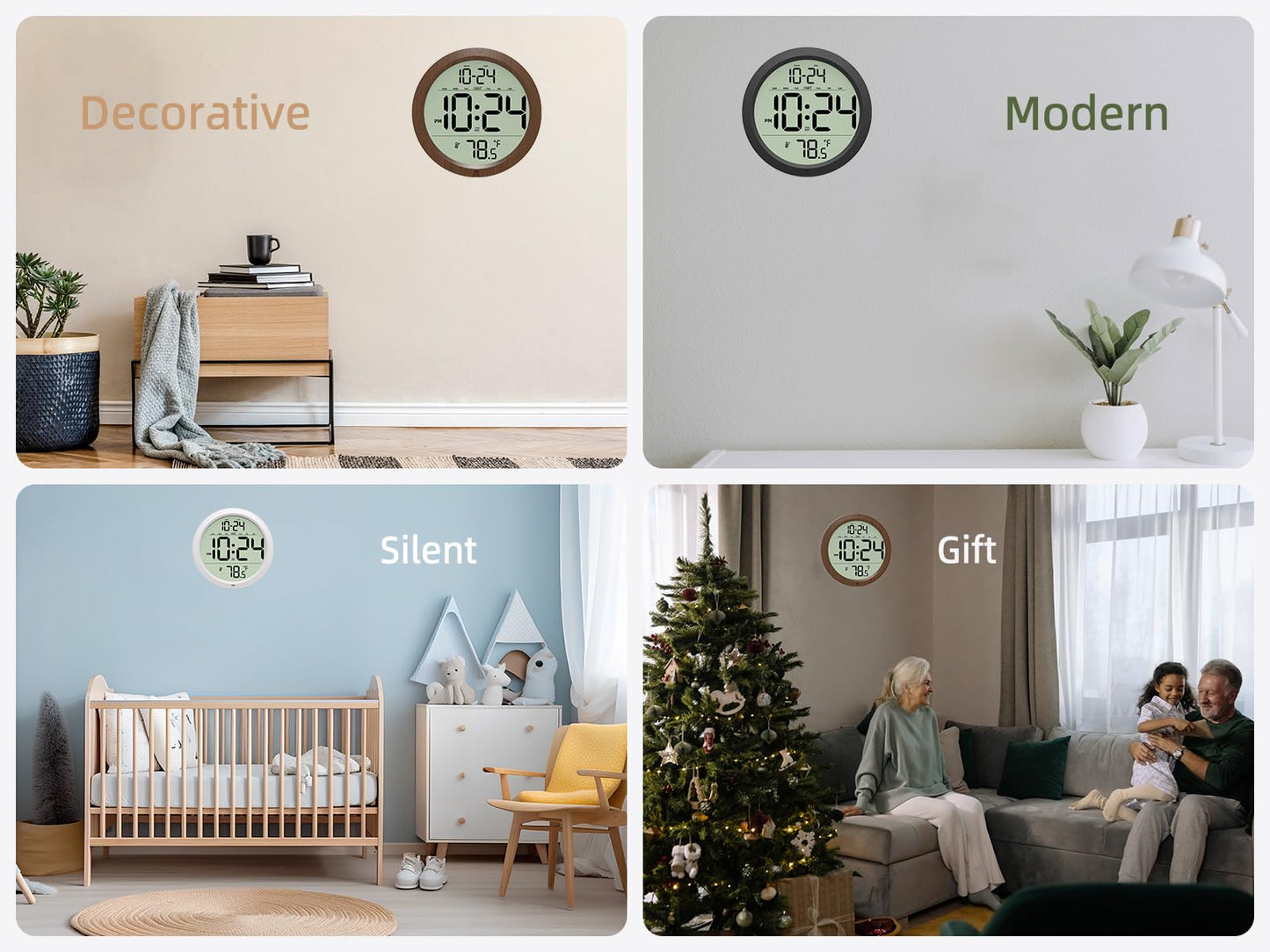Digital Wall Clock Battery-Operated, 8 Inch Small Decorative Modern Wood Wall Clock with Date, Temperature, Auto-DST, Silent Electric Wall Clock for Bedroom, Living Room, Kitchen, Office, Farmhouse