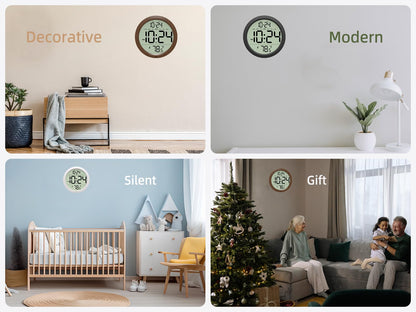 Digital Wall Clock Battery-Operated, 8 Inch Small Decorative Modern Wood Wall Clock with Date, Temperature, Auto-DST, Silent Electric Wall Clock for Bedroom, Living Room, Kitchen, Office, Farmhouse