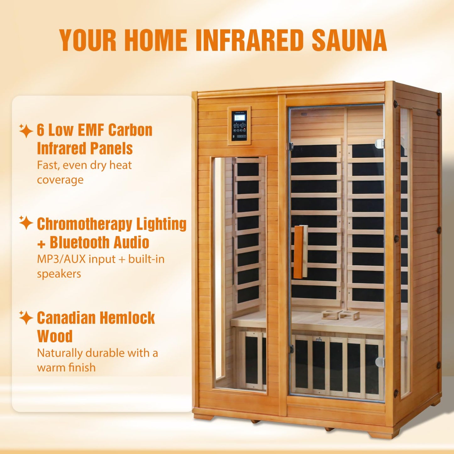 EAGLE PEAK 2 Person Low EMF Far Infrared Sauna, Red Light and Chromotherapy Lighting, Bluetooth Speakers, USB Port, Indoor Dry Heat Sauna, Canadian Hemlock Wood, Brown
