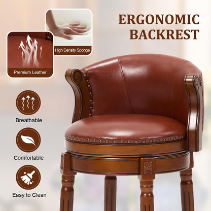 CozyRain Bar Stools Rubber Wood Counter Height Bar Stool Leather Upholstered Swivel Barstools with Back & Footrest for Home,Kitchen,Counter,Dining Room (Brown, Seat Height 26 in)