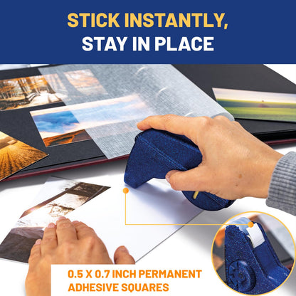 HERMA Double Sided Adhesive Squares Runner Set: 1 Refillable Dispenser, 3 Permanent Mounting Rolls (49ft Each) & 1 Blue Zipper Pouch (10x8in) - Strong Bond for Photos & Crafts