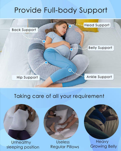 Queen Rose Pregnancy Pillow - E-Shaped Maternity Support with Detachable Wedge | 60-Inch Dual-Sided Velvet Cover in Grey