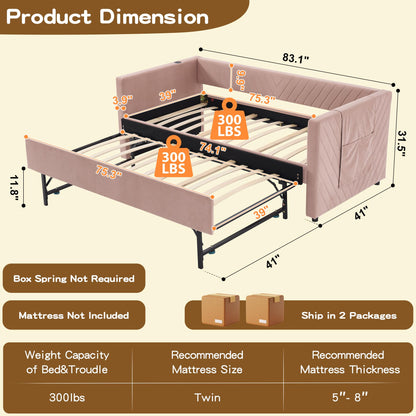 DNYN Velvet Daybed with Pop-up Trundle and USB Ports for Bedroom/Guest/Living Room, Space-Saving Twin Size Bed Frame with Side Pockets and V-Grained Backrest Design, No Box Spring Needed
