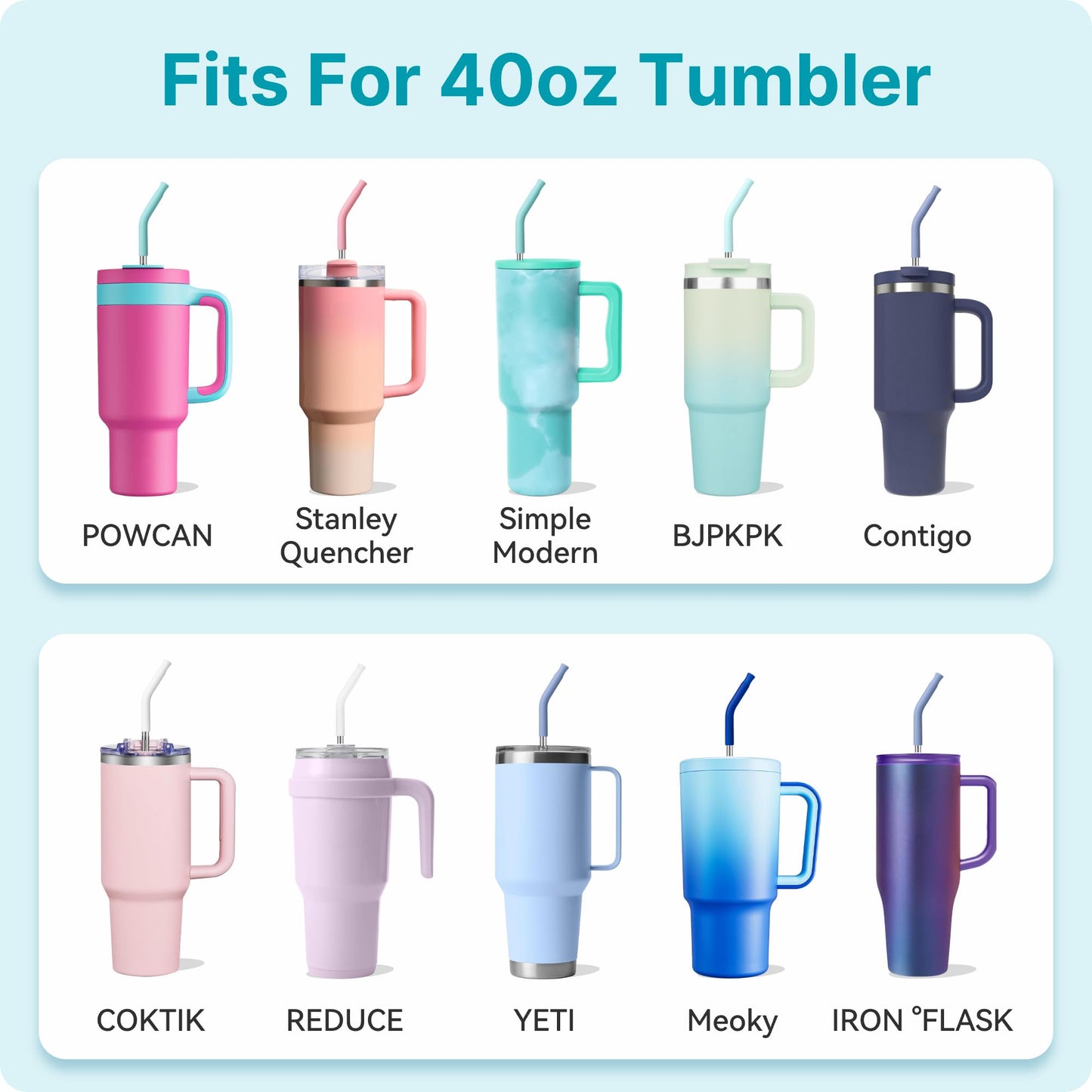 Soledea 6 Pcs Metal Reusable Straws for 40 oz Tumbler, Stainless Steel Long Drinking Straw with Colourful Silicone Tips,Straw for Glass Cups, Cleaning Brushes Included, BPA FREE