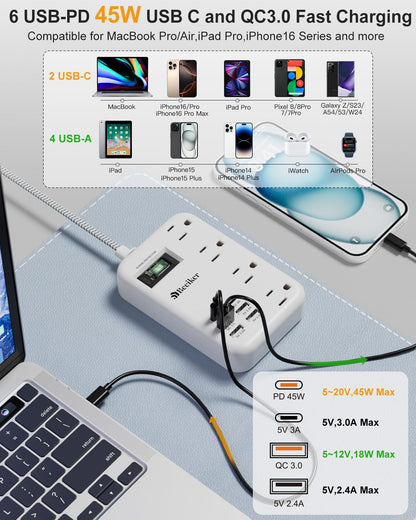 6 USB(2 USB C) Purple Travel Power Strip- 5Ft Lavender Extension Cord with 24W USB Charging Station and 4 Outlets, Purple Desk Accessories with Surge Protector for Cute Kawaii Office Dorm Room