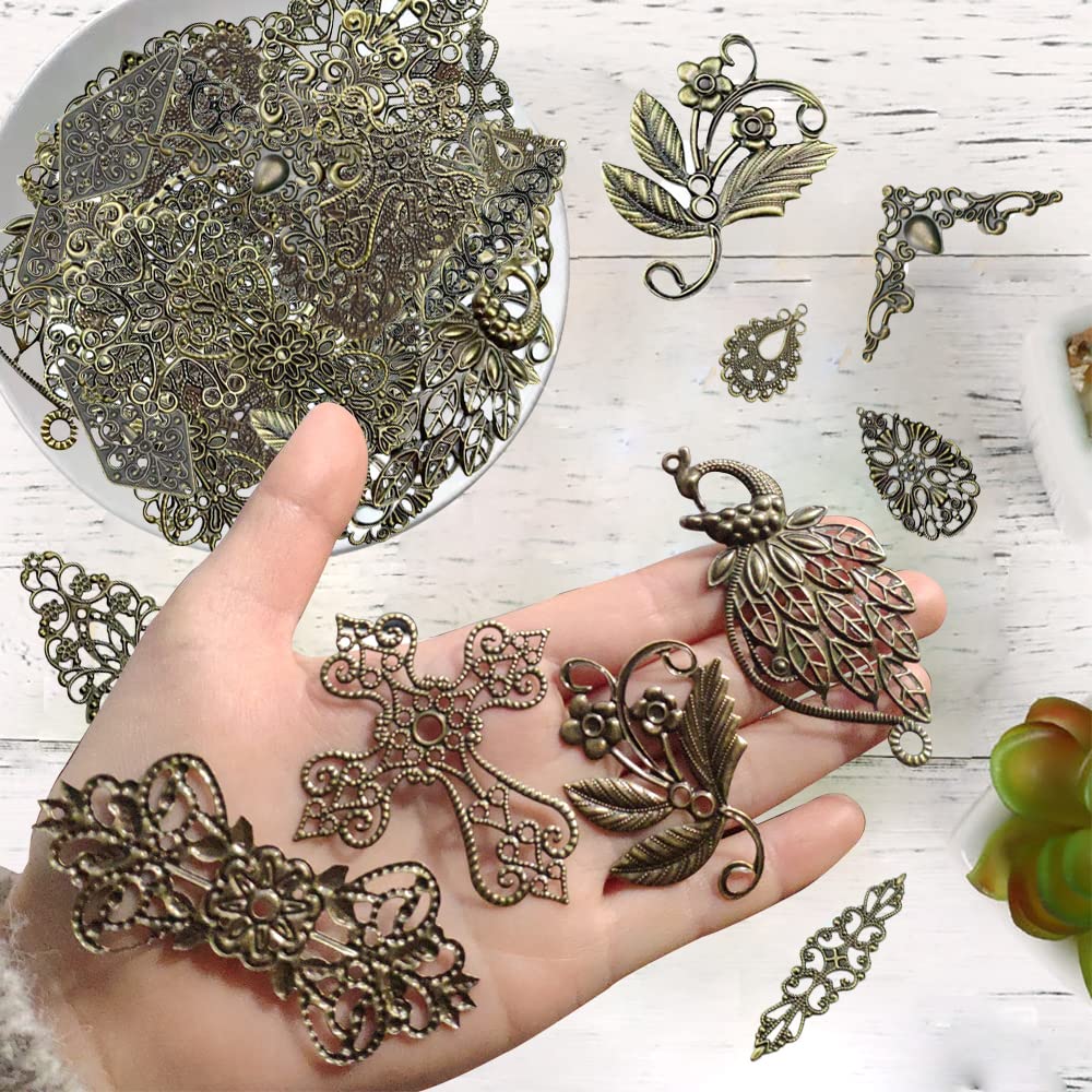 metulip 120Pcs Antique Bronze Filigree Connectors Tibetan Metal Filigree Charms Pendants Links Vintage Filigree Embellishments for Craft DIY Earrings Hairpin Necklace Jewelry Making