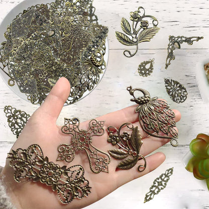 metulip 120Pcs Antique Bronze Filigree Connectors Tibetan Metal Filigree Charms Pendants Links Vintage Filigree Embellishments for Craft DIY Earrings Hairpin Necklace Jewelry Making