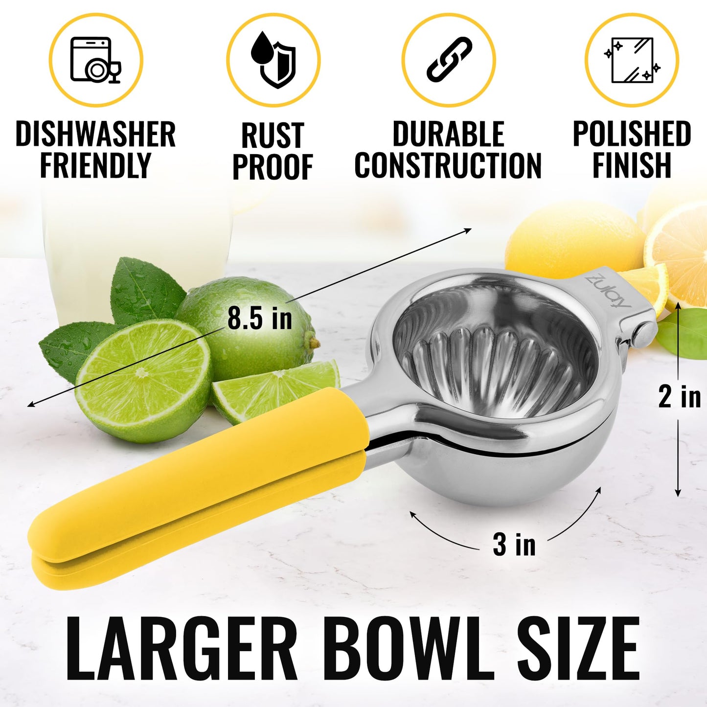 Zulay Lemon Squeezer Stainless Steel with Premium Heavy Duty Solid Metal Squeezer Bowl (Black Grip, Large)