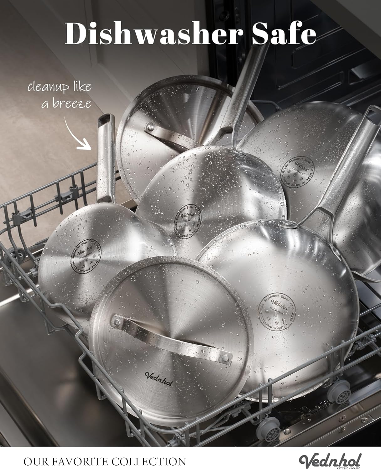 VEDNHOL Stainless Steel Frying Pan 12 Inch with Lid, Fully Clad Tri-Ply Stainless Steel Skillet for Even Heating, Brushed Finish, Dishwasher & Oven Safe, Induction & All Stovetops Compatible