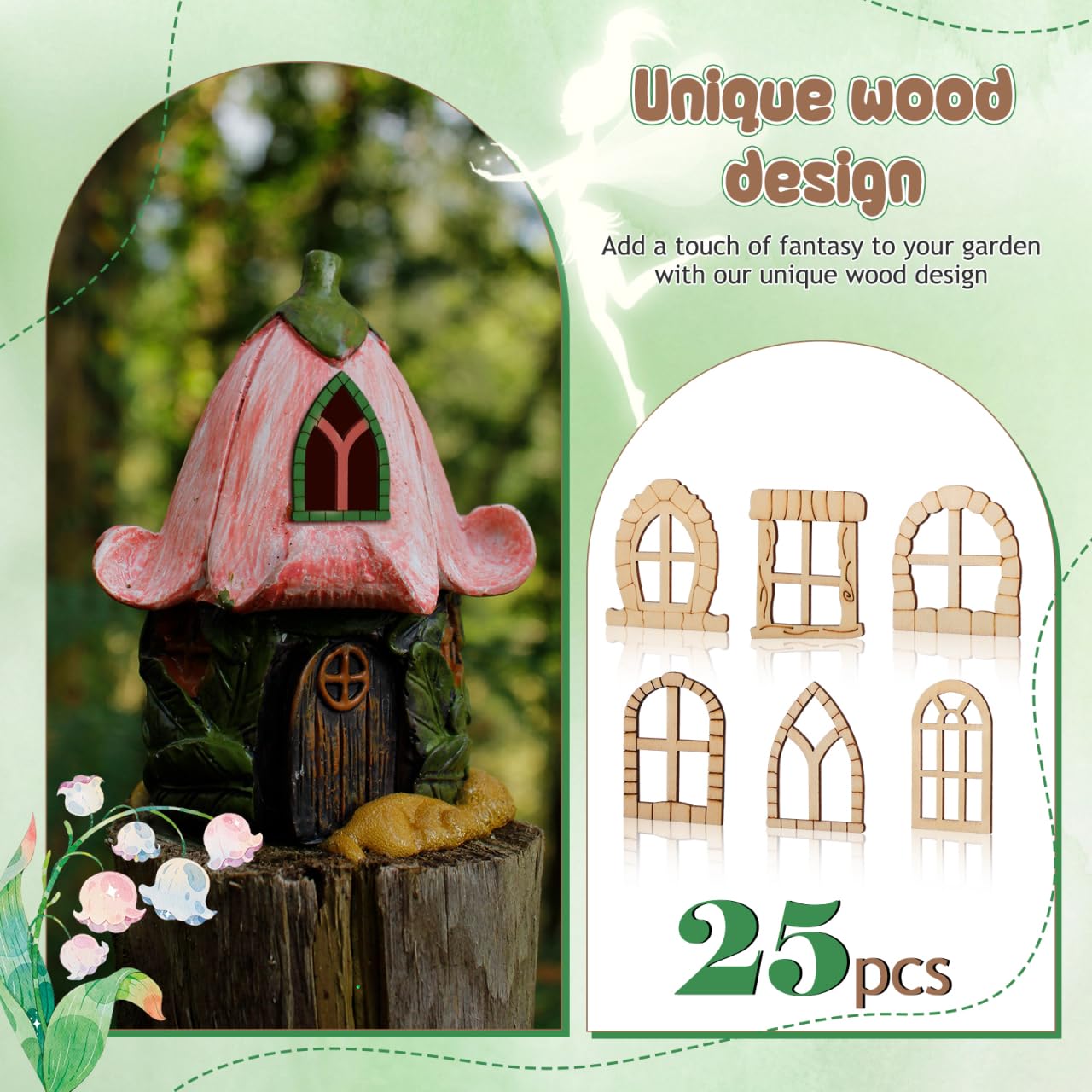 25 Pcs Unfinished Wood Fairy Door and Window Kit, Unpainted Miniature Oak Wooden Garden Doors Blank Windows for Crafts, DIY Fairy House Accessories for Wall Tree Dollhouse Decoration