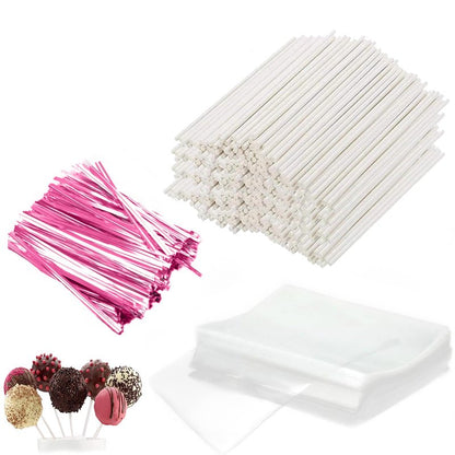 Basquei Cake Pop Sticks 6 Inches, Cake Pop Bags (3.9"X4.7"), Pink Metallic Twist Ties, 600 Pcs Cake Pop Kit Used for, Lollipops Cake, Candies, Chocolates Making Tools