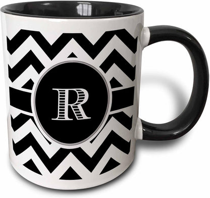 3dRose Black and White Chevron Monogram Initial R Mug, Two Tone Black, 11oz