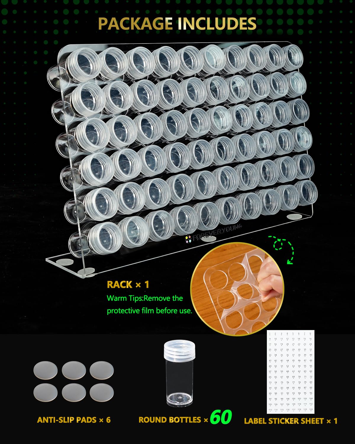 forever young Diamond Painting Bottle Storage Rack with 60 Jars, Diamond Art Storage Containers for Beads, Compatible with Most Diamond Painting Accessories and Tools, Tidy Workspace