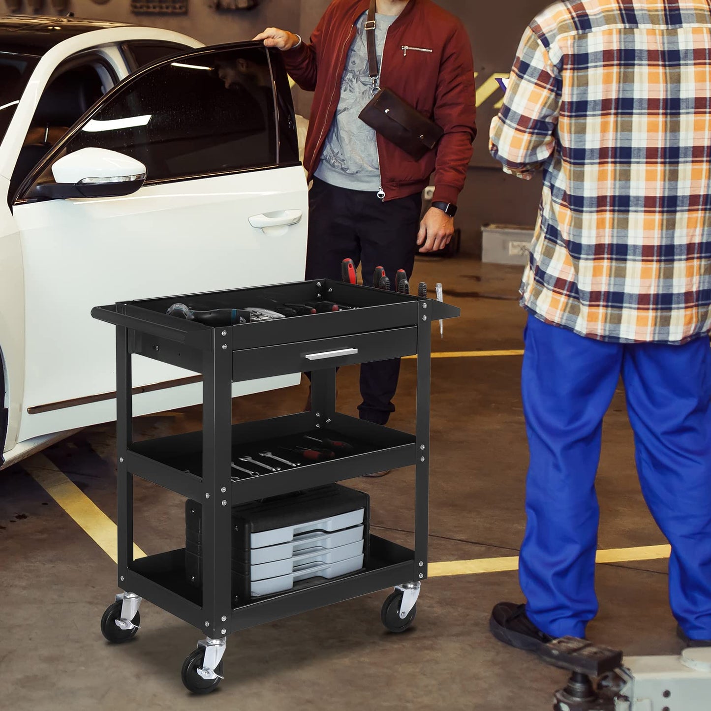 TUFFIOM 3 Tier Rolling Tool Cart with Drawer, Tool Service Cart on Wheels w/2 Brake, 330 LBS Capacity Industrial Heavy Duty Utility Cart, Tool Organizer for Mechanic, Garage, Warehouse & Repair Shop