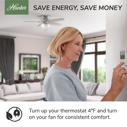 Hunter 52 inch Indoor Ceiling Fan with Light and Remote Control - For Bedroom or Living Room, Low Profile Flush Mount, White Modern Ceiling Fan with LED Light, 3 Blades - Minimus 51433, Fresh White