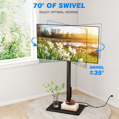 Rfiver Swivel Floor TV Stand with Power Outlet for 32-60 inch TVs, Height Adjustable Tall TV Stand with Wood Base, Hold Up to 88lbs, Saving Space Design for Bedroom, Living Room and Corner