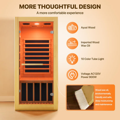 OUTEXER Infrared Sauna Room Indoor Saunas Home Obeche Wood 900W Low-EMF Dry Saunas Single Person Spa with 7 Color Light 32.3 * 28.3 * 61.4 inch