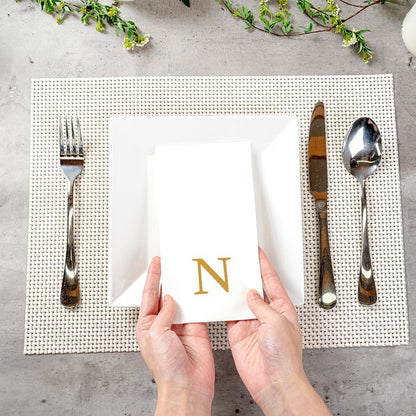 15.8 7.9 Inch 50 Luxenap X Linen-Feel Guest Towels, Lettered Hand Towels - Gold Letter 'N', Sans Serif Font, White