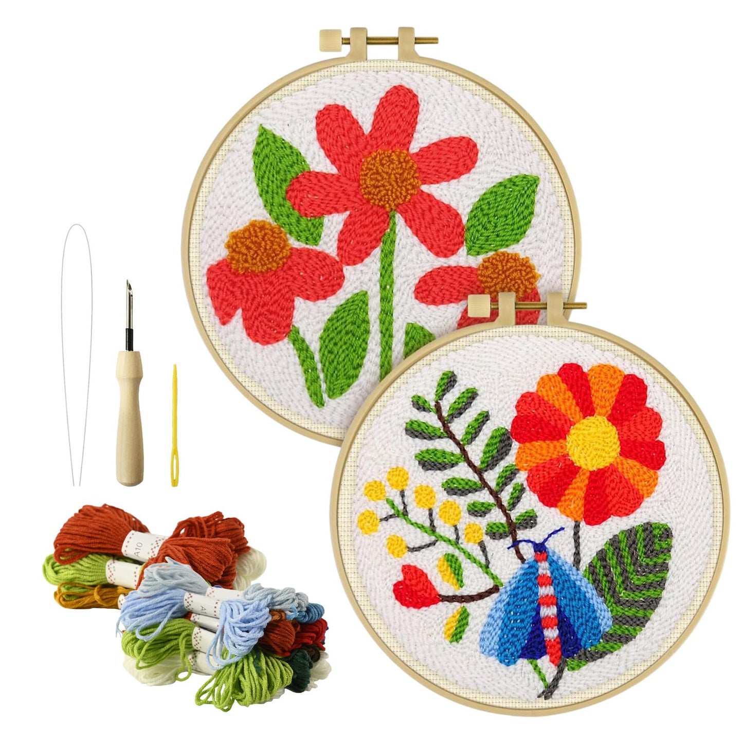Betoom 2PCS Punch Needle Kits Adults Beginner, DIY Flower Dragonfly Punch Needle Kits for Adults with Patterns, Tools, Yarns, Hoop