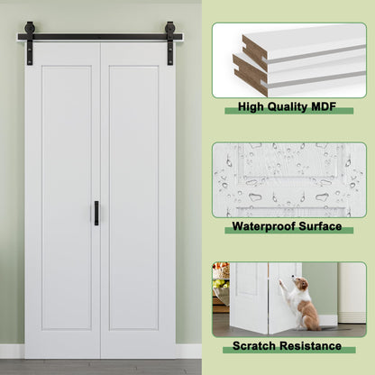 72" x 84" 1 Panel Bifold Barn Door, 80" Track Kit for 4 Closet Doors, Pre-Assembled Panel Bi-fold Barn Door for Pantry, Primed White Finish with Water-Resistant and Scratch-Resistant, Paintable