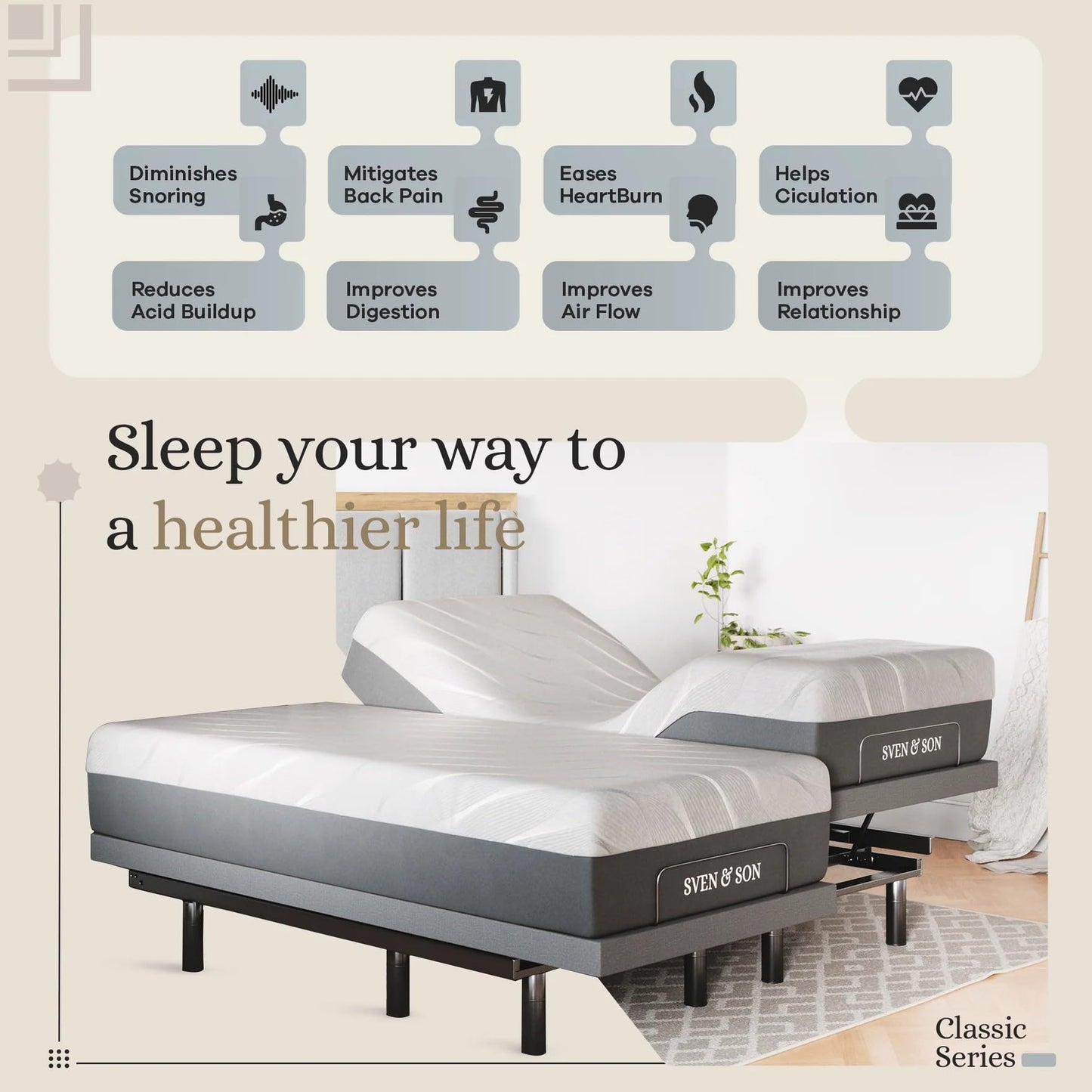Sven & Son Classic Adjustable Bed Base, Head and Foot Lift, Massage, Under-Bed Lights, USB, Gel Memory, Zero Gravity Smart Frame - Split California King + 12 inch Memory Foam Matt (Medium)