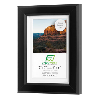FrameWorks 2-Pack 1 3/8" Thick Black Wooden Shadow Box Picture Frames 5” x 7” with Removable White Mat to 4" x 6" Photo