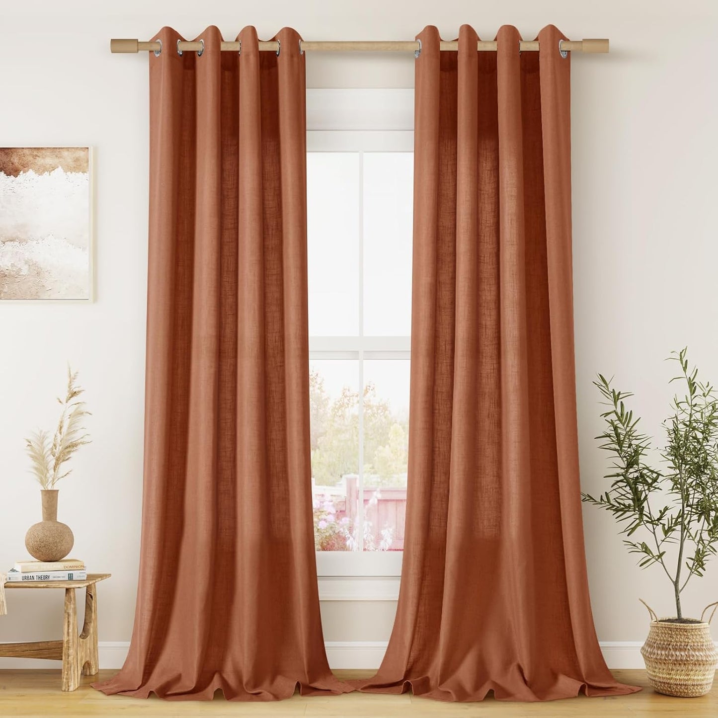 Terracotta Linen Curtains 90 Inch Length, 2 Panels Boho Farmhouse Drapes, Light Filtering Rust Orange Red Semi Sheer