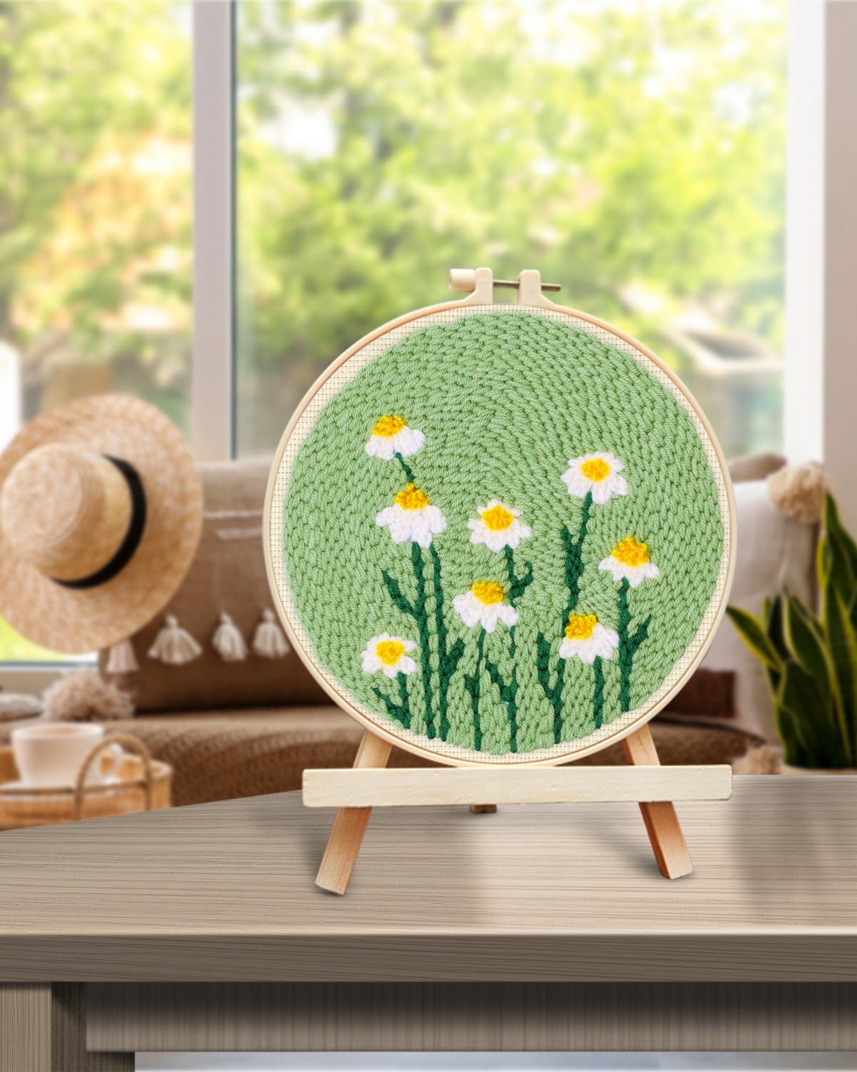 TINDTOP Punch Needle Kit, Daisy Punch Embroidery Kits for Adults Beginner, Tool with Punch Needle Fabric, Hoops, Yarns and Sewing Needles