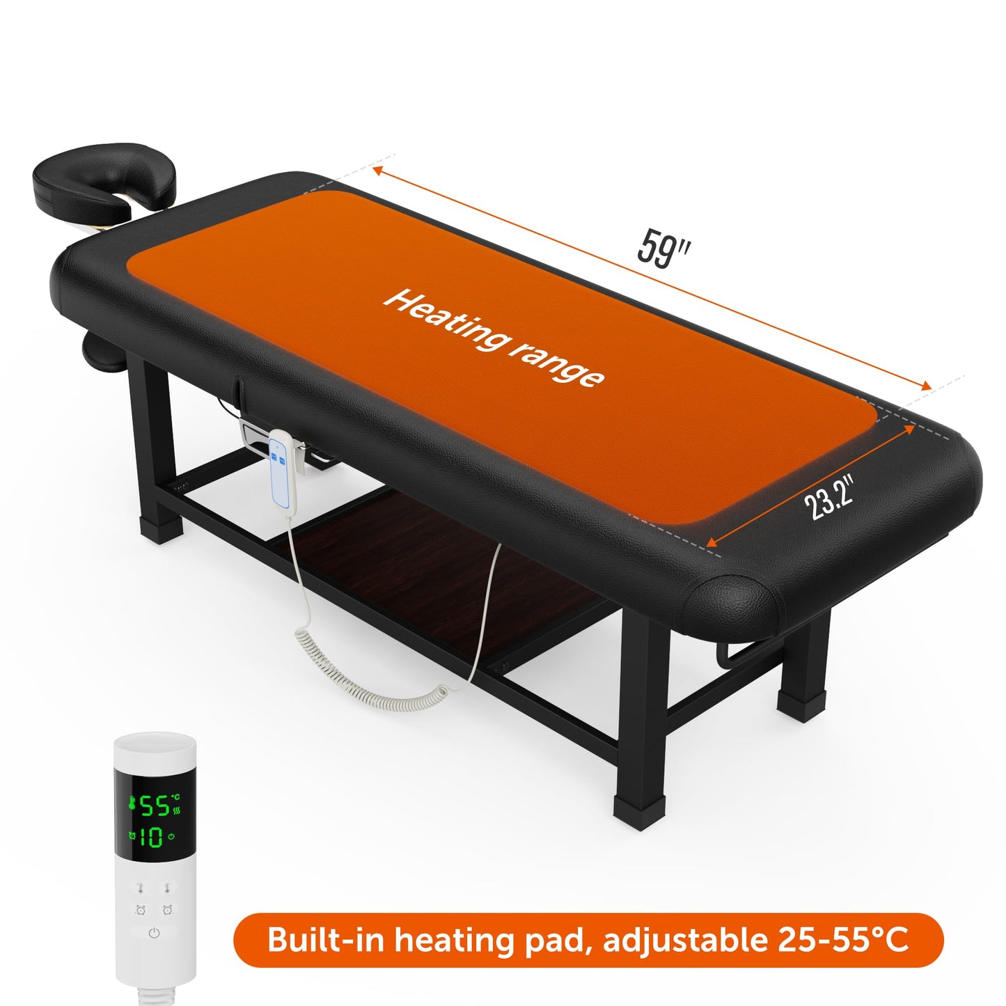 Dolonm Heating Function 30 Wide x 75 Long Heavy Duty Electric Stationary Massage Table with Backrest Adjustable and Storage Space for Treatment/Medical Spa/Facial/Beauty/Massage Bed and More - Black
