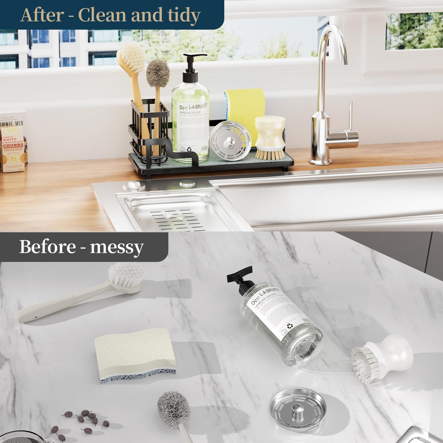 Consumest Sponge Holder for Kitchen Sink - Sink Caddy Organizer with Water Absorbing Stone Tray, Detachable Brush Holder, Stainless Steel Kitchen Counter Organizer Rack, Black