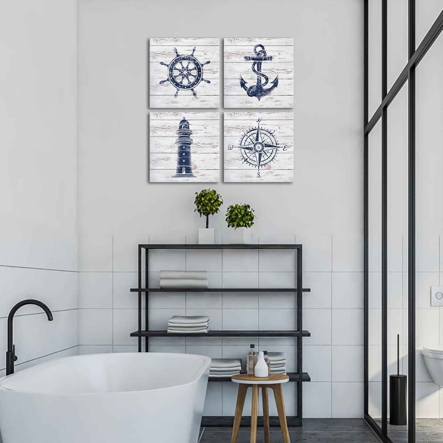 LoveHouse Nautical Canvas Wall Art Nautical Bathroom Decor Navy and White Lighthouse Decor Boat Anchor Compass Painting