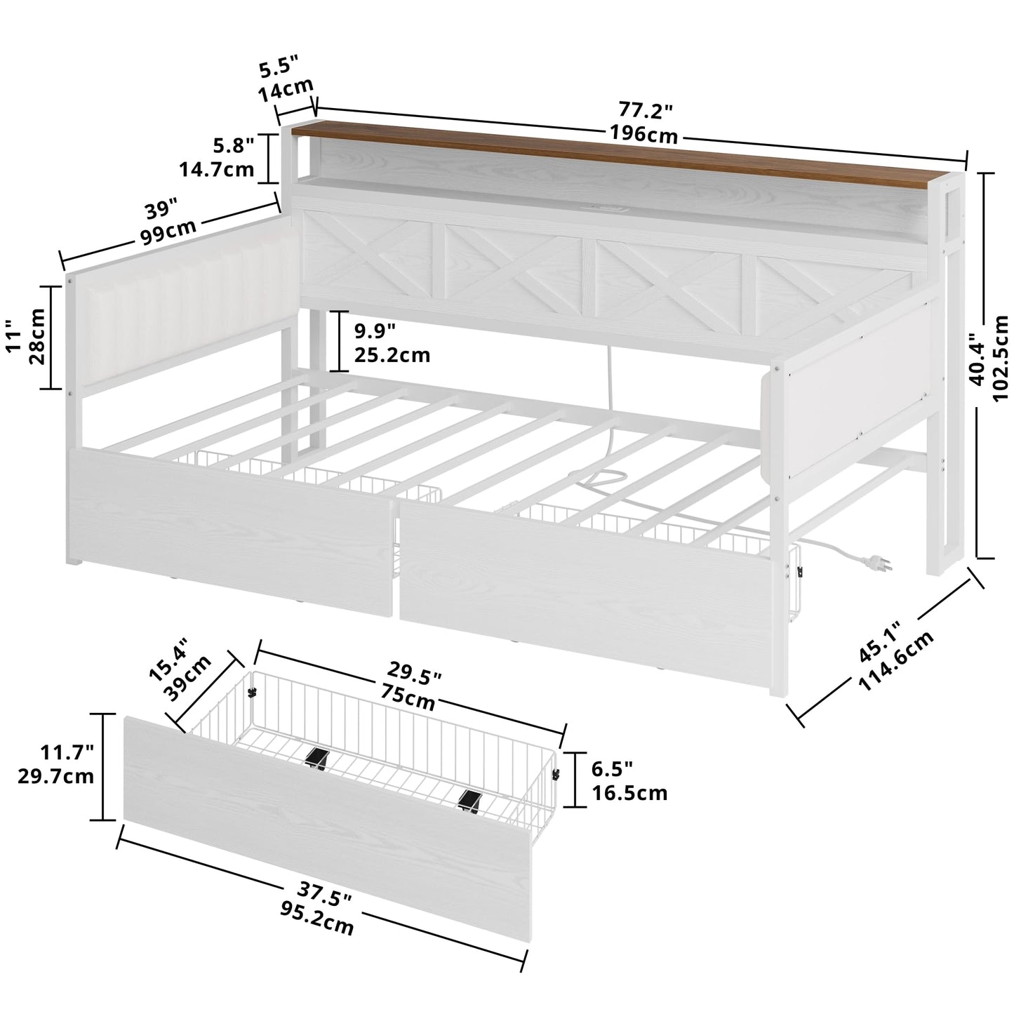 IRONCK Twin Size Daybed with Storage Drawers, Sturdy Metal Bed Frame with X-Shaped Headboard and Charging Station, Upholstered Farmhouse Daybed for Living Room, Bedroom, and Guest Room, White/Walnut
